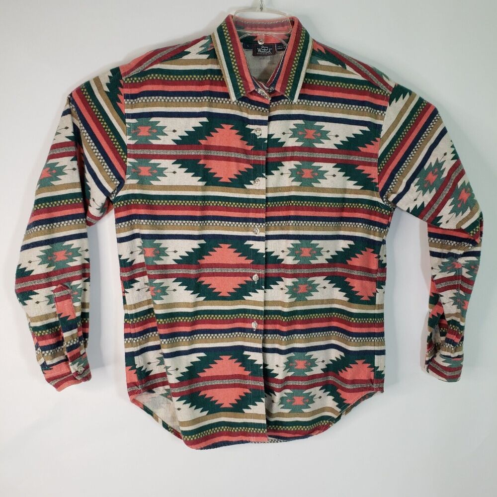 Vtg 80s Woolrich Flannel Shirt Aztec Western Button Up Wms L 100% Cotton USA